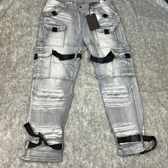 Copper Rivet Relaxed Fit Cargo Utility Pants 42x32 Gray Buckle Strap Moto Street